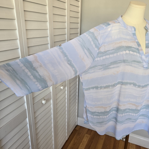 TruSelf Blue‎ Green Watercolor Striped Tunic Top Size 3X Split Neck Coastal Boho - Picture 3 of 11